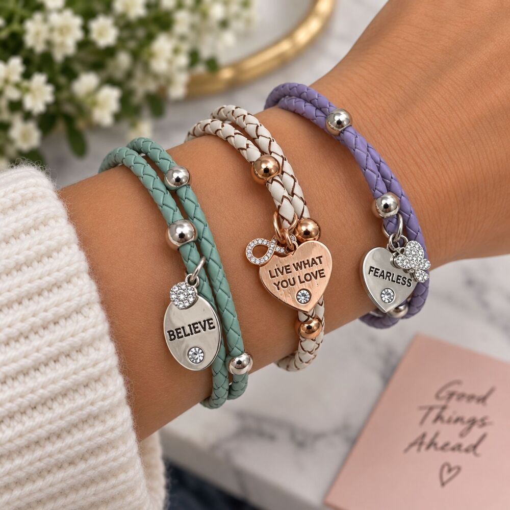 3pc Braided Faux Leather Charm Bracelet Lot Believe Fearless Heart Boho Womens